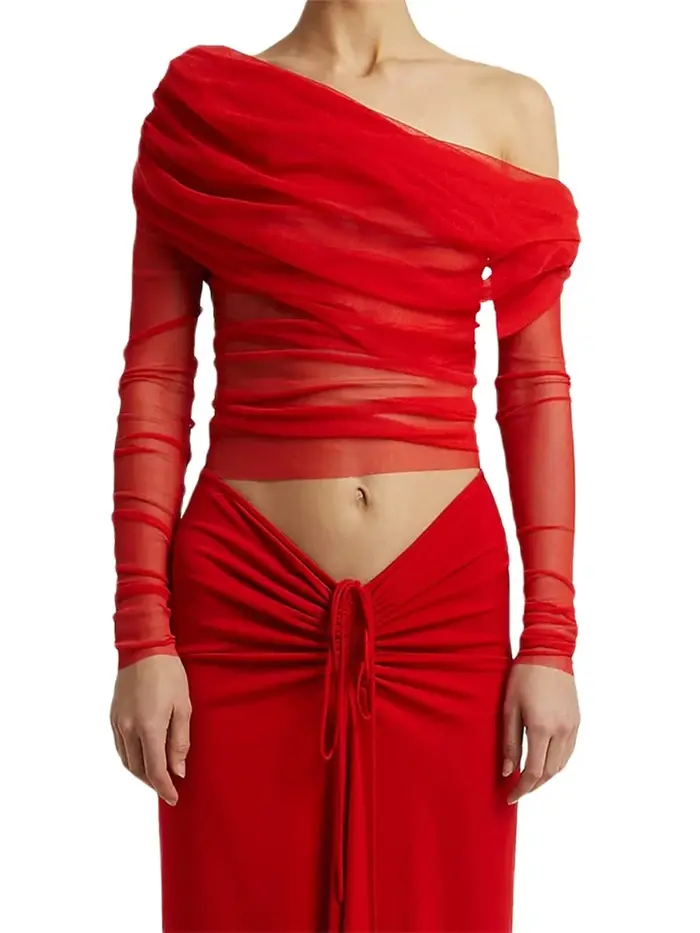 Femmes chemises courtes manches longues épaules dénudées hauts plissés décontracté élégant Sexy maille pure Blouse