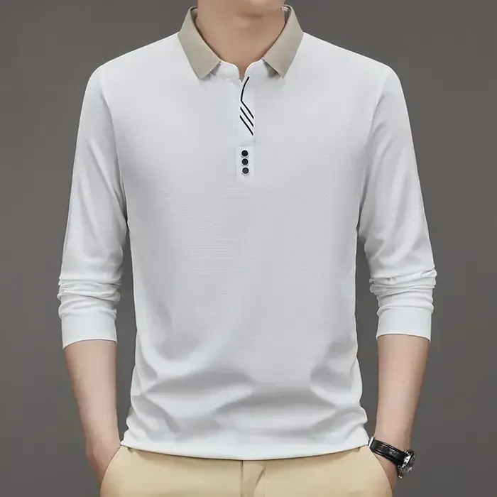 T-shirt gaufré à manches longues et col rabattu pour hommes