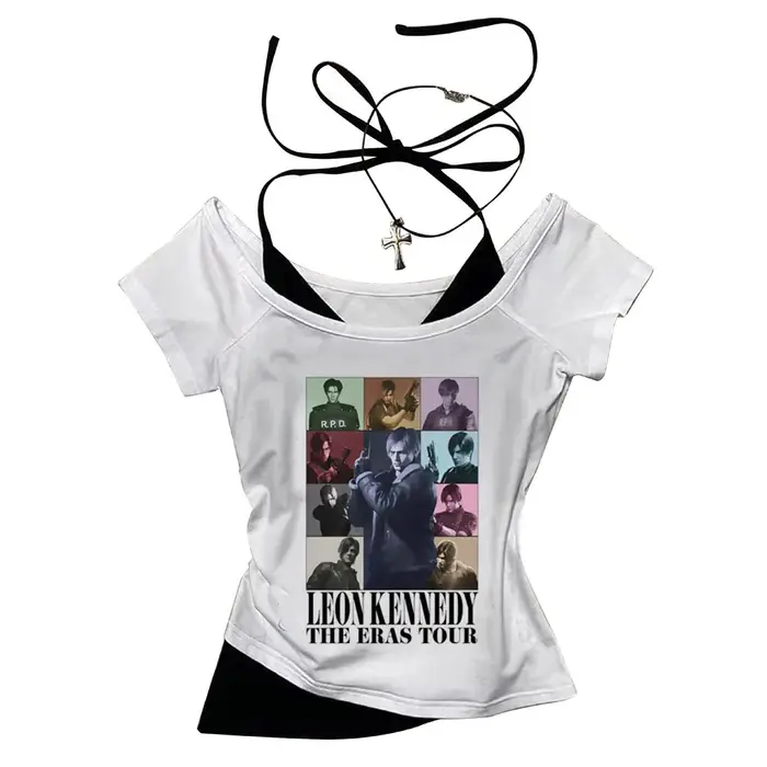 Leon Kennedy crop top vintage corset shoujo girl style harajuku summer cropped Aesthetic Slim Fit Cute teens tees