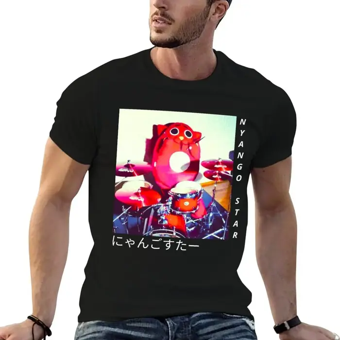 T-shirt Nyango Star Vintage avec mascotte chat pour batteur, t-shirt homme uni, t-shirts en coton 10