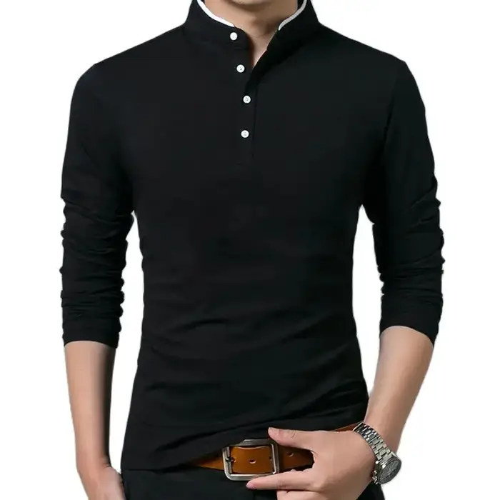 SHiONFA t-shirts en pur coton pour hommes col Mandarin à manches longues chemise confortable simple boutonnage doux supérieur extérieur pour le printemps automne