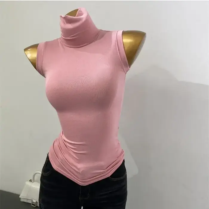 Débardeur moulant sans manches à col montant pour femme