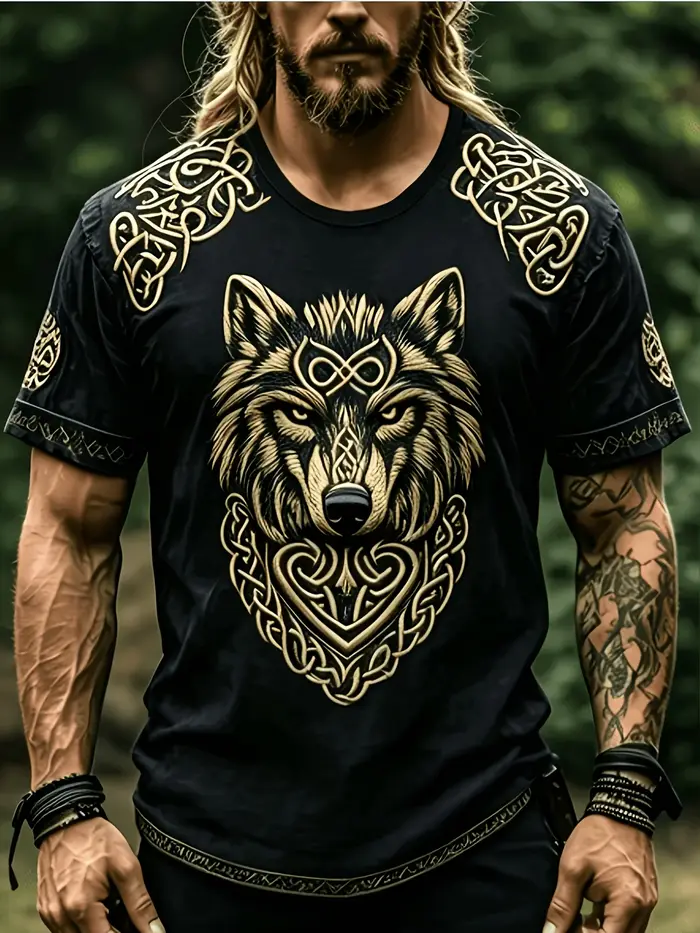 T-shirt décontracté à manches courtes pour homme avec motif tête de loup : style élégant, tendance e