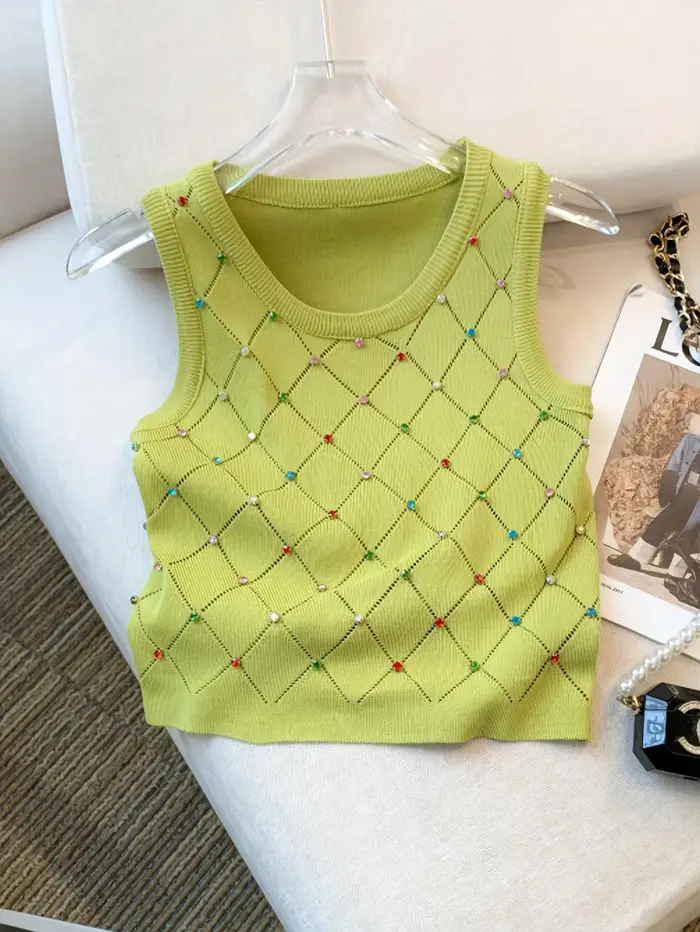 Débardeur tricoté en strass coloré, décontracté, col rond, sans manches, vêtements d'été pour femmes