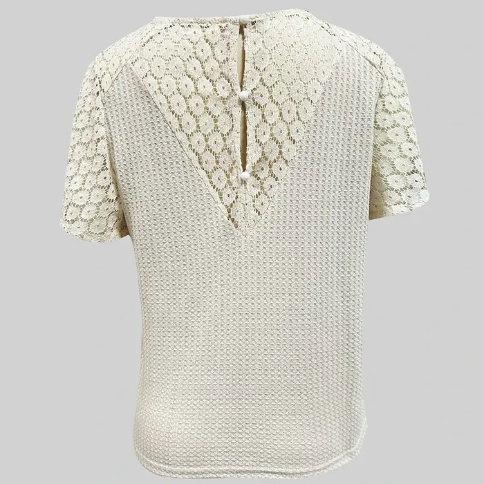 Nouveau T-shirt en dentelle à manches courtes et col en V profond pour femme