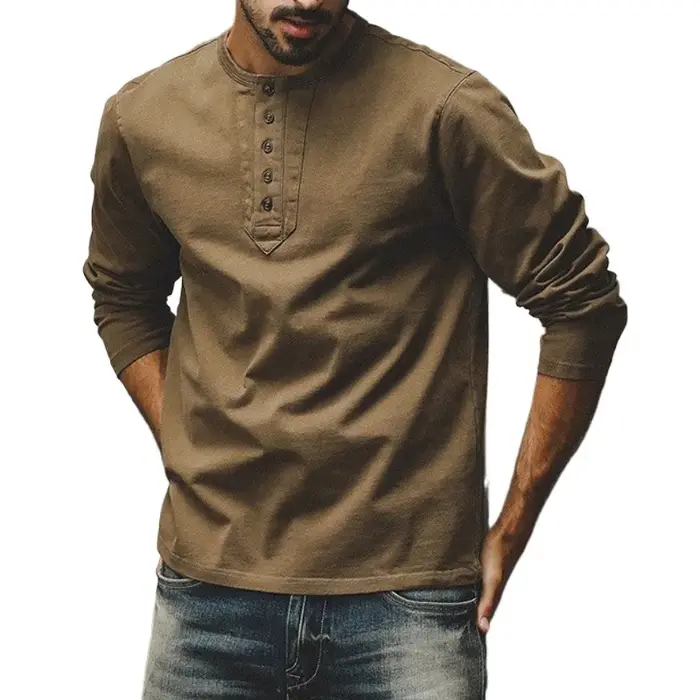 Nouveauté américain rétro col Henry T-Shirt à manches longues hommes ample décontracté haut tendance