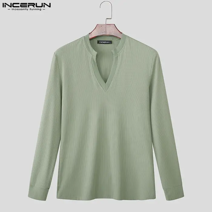 INCERUN hommes t-shirt couleur unie col en V à manches longues tricoté Streetwear mâle