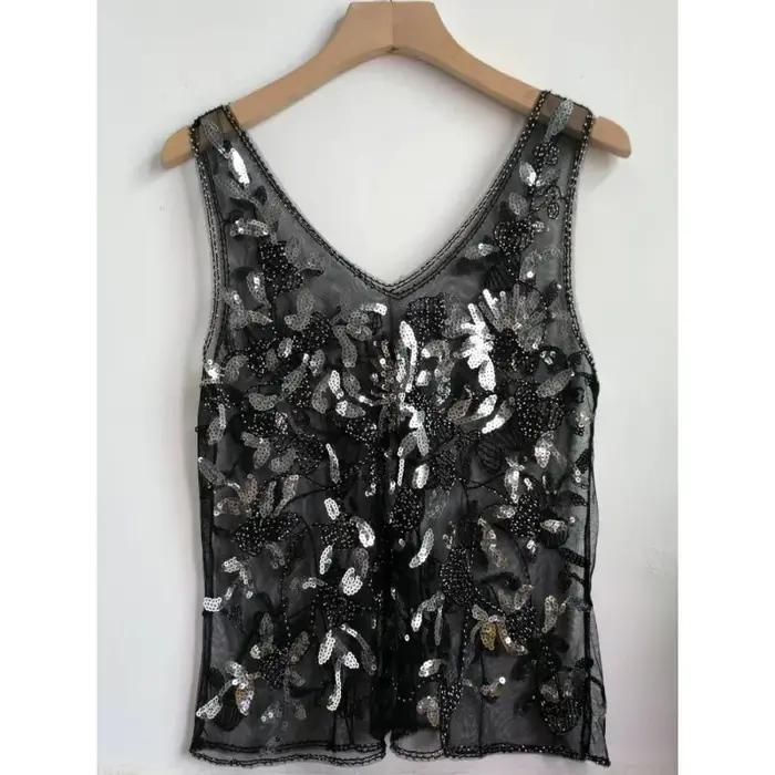 Paillettes perles Style français 2025 été nouveau gilet sans manches coupe ajustée Perspective Sexy Chic Ins mince débardeur ample