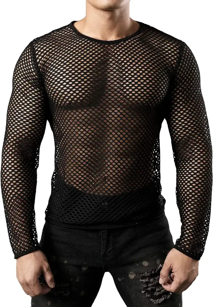 2025 hommes t-shirt maille Transparent col rond à manches longues T-shirts Sexy Streetwear mode fête discothèque
