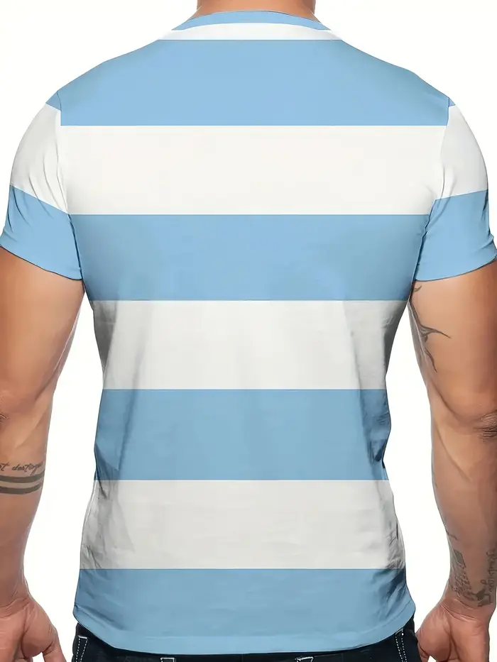 T-shirt rayé polyvalent basique pour hommes | Impression simple bleu clair et blanc | Vêtements multidirectionnels pour