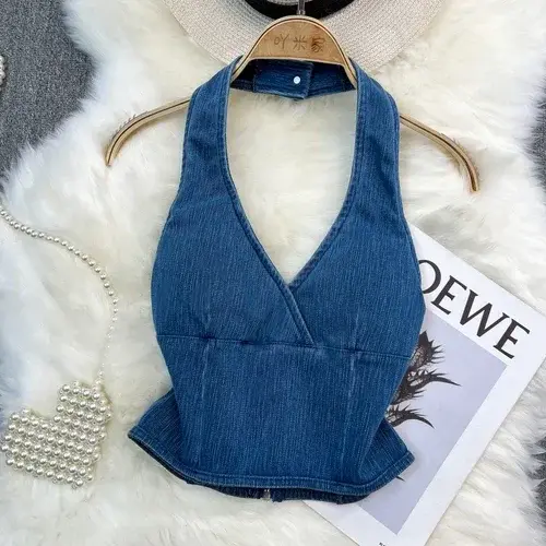 Précieux haut en jean pour femmes, épaules dénudées, dos nu, streetwear, été, col en v, mode, livraison directe