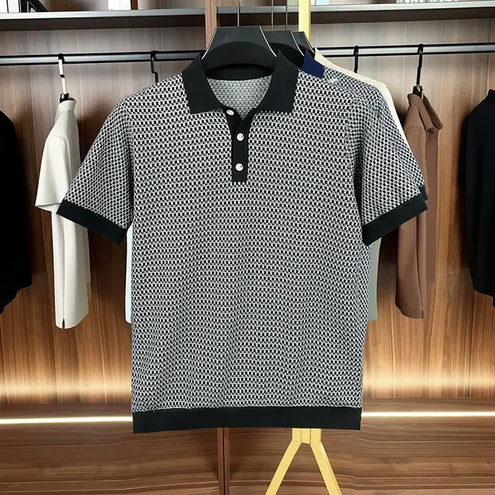 100% coton Treillis imprimé à manches courtes polo chemise hommes haut de gamme tricoté confort respirable nouvelle mode de luxe unique T-shirt