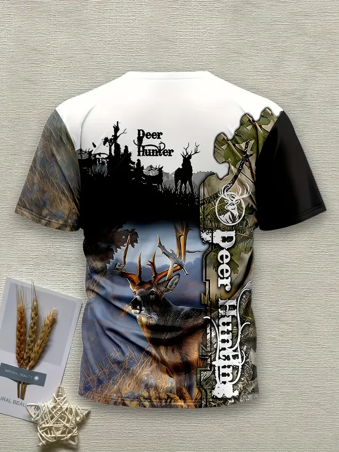 T-shirt décontracté pour homme à imprimé 3D cerf, col rond, manches courtes, style camouflage, motif graphique, hauts de mode pour l'extérieur