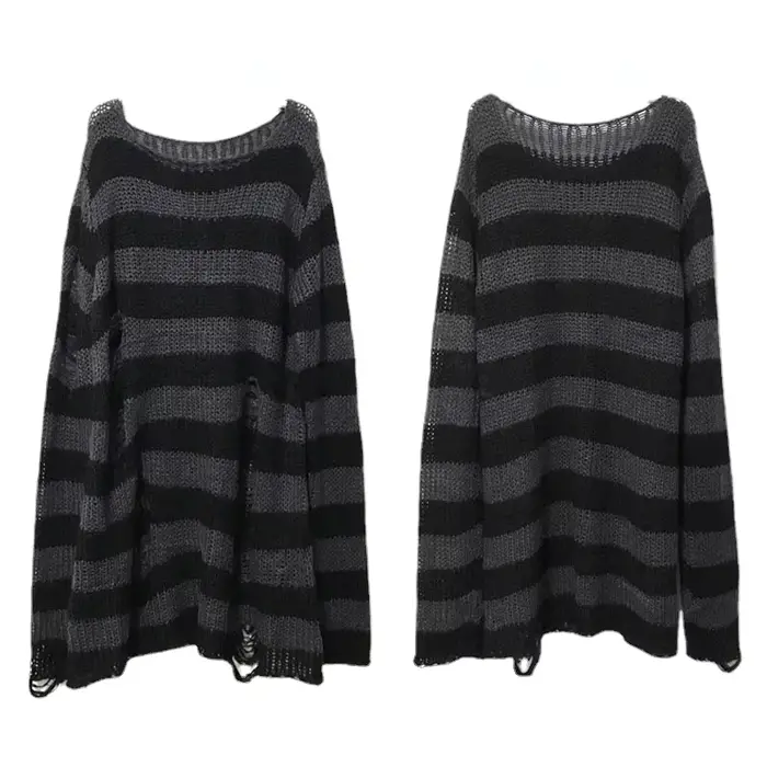 Nouveau Punk gothique Long unisexe pull été femmes rayé Cool évider trou cassé pull ample Rock mince