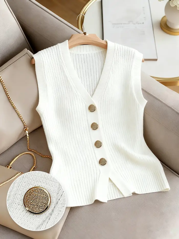 Nouveau Gilet Tricoté Sans Manches Col V pour Femme