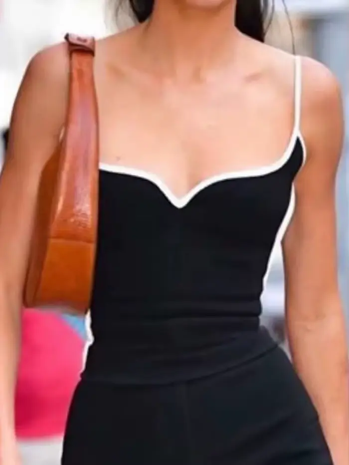 Haut court noir été sexy hauts femmes 2025 spaghetti sangle haut décontracté col en v camis tricot s