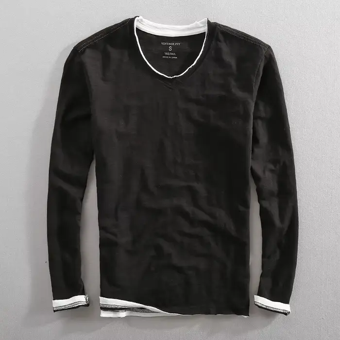 Hommes à manches longues T-shirt coton col en v solide décontracté hauts t-shirts