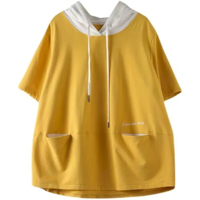 T-shirt ample et décontracté à manches courtes pour femmes, 100% coton, mode d'été, capuche, littéra