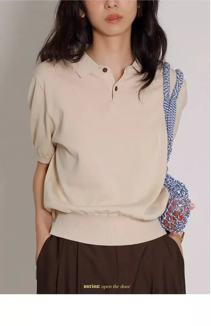 Polo tricoté en soie glacée bleue pour femmes, manches courtes, haut à revers français, T-Shirt d'ét