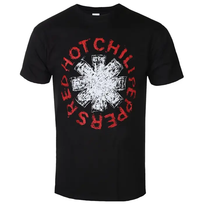 T-shirt graphique du groupe Red Hot Chili Peppers avec lettres rouges circulaires vieillies et étoile à huit branches blanche rayée