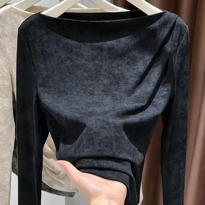 T-shirts thermiques à manches longues pour femmes, col bateau, froncés, coupe ajustée