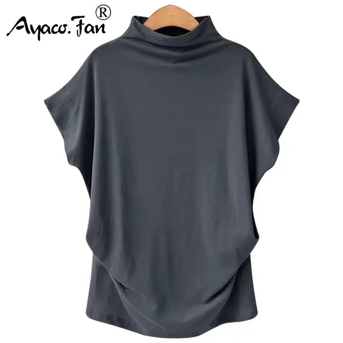 6XL femmes été T-Shirt manches courtes chauve-souris ample solide gris col roulé