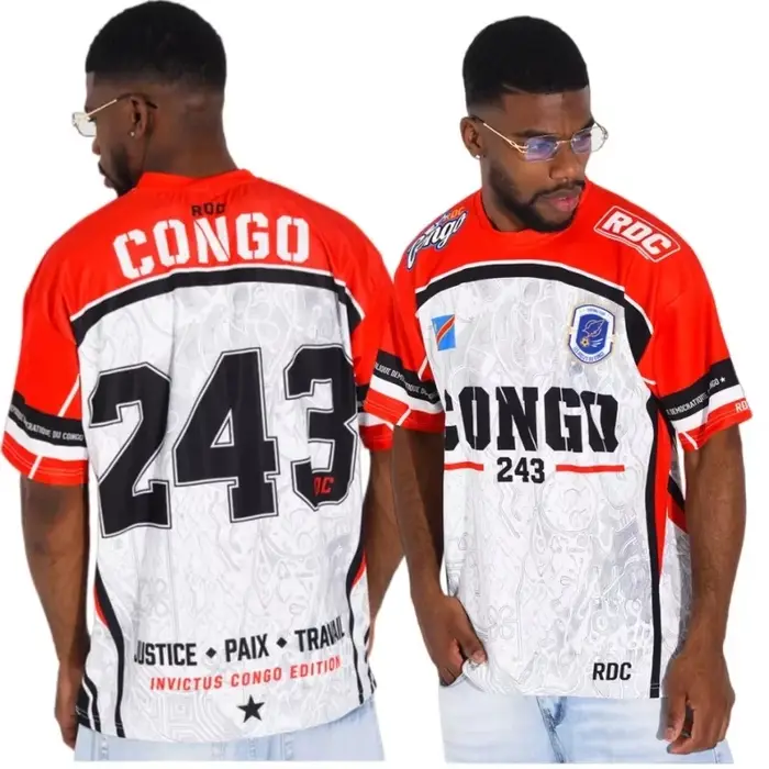 T-shirt à manches courtes commémoratif de la République démocratique du Congo 2026 avec drapeau national contrastant #