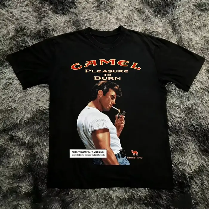T-shirt Rétro Camel Cigarettes Pleasure to Burn en Coton Vintage à Manches Courtes