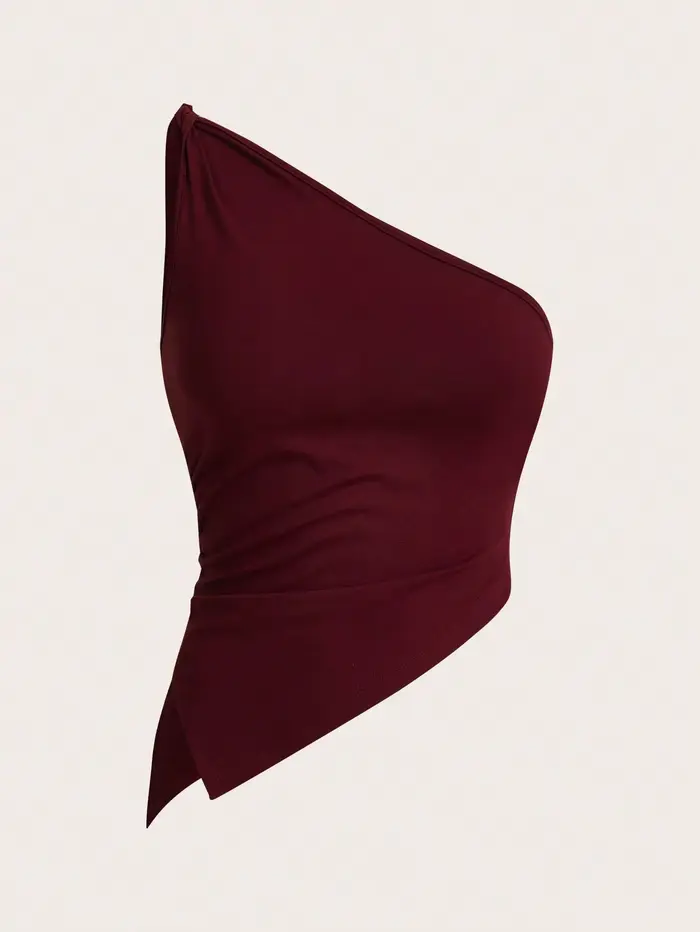 Femmes élégant bordeaux rouge torsion une épaule haut court été coupe ajustée plissé asymétrie ourlet hauts Streetwear 2025