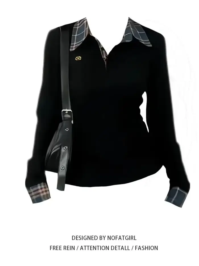 T-shirt à manches longues et col POLO américain pour femme, coupe cintrée, brodé, élégant, faux haut
