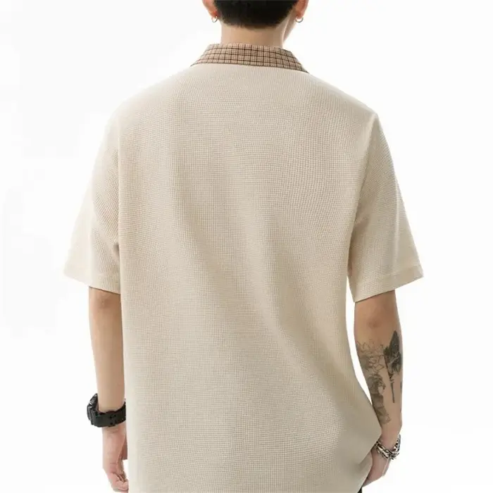Chemises polo à col à carreaux demi-zippées rétro américaines pour hommes