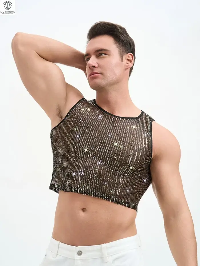 Débardeur court à paillettes pour homme – Gilet sans manches scintillant pour soirée