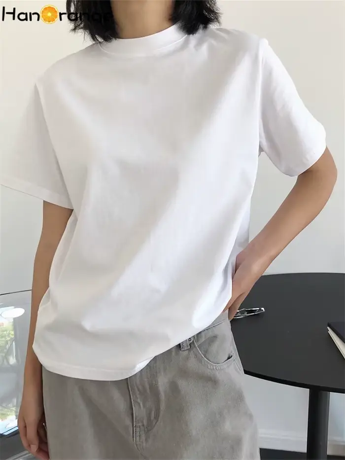 HanOrange-T-shirt à Manches Courtes et Col Rond pour Femme