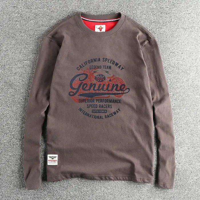 T-shirt à manches longues personnalisé pour hommes, motif de lettres de moto vintage, laine lavée, c