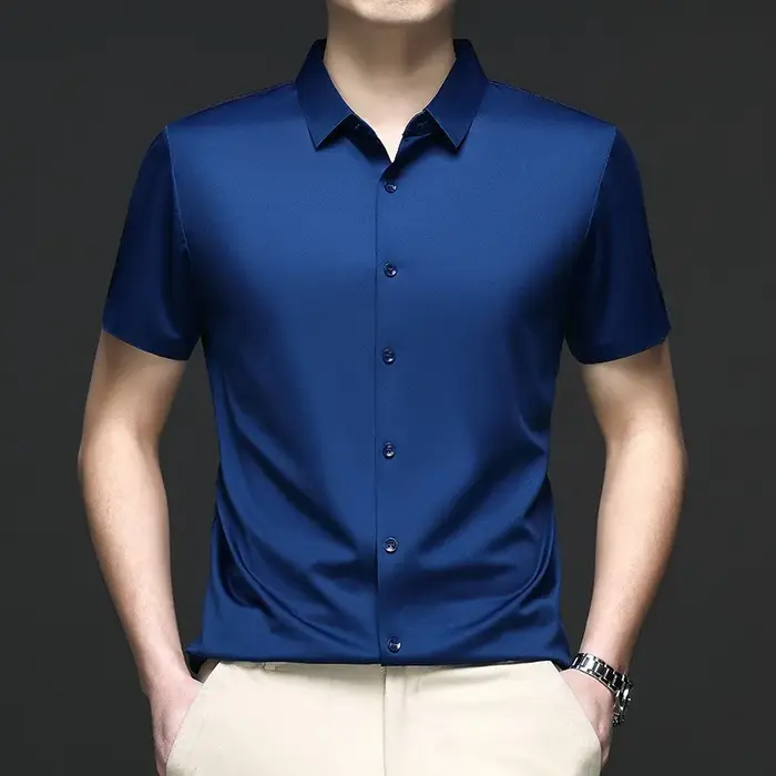 Hommes mûrier soie chemises habillées affaires résistant aux rides sans fer à la mode haut de gamme homme hauts et t-shirts glace Cool chemise vêtements d'été