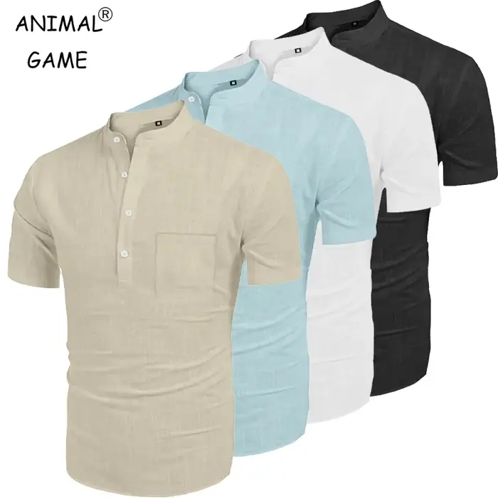 Été hommes Henley Shot manches t-shirt casual Hippie plage coton col de chemise léger Yoga