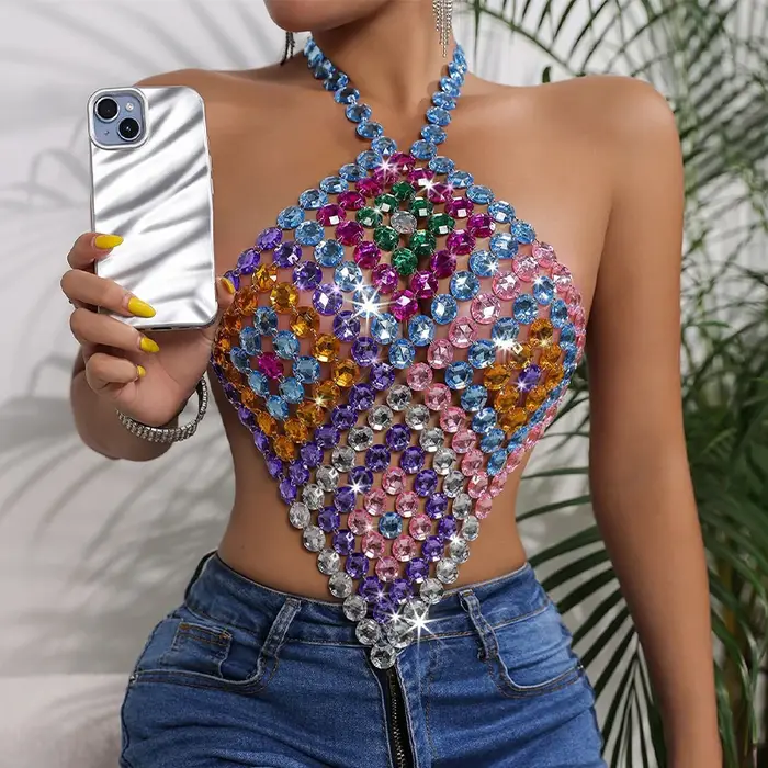 Nouvelle Arrivée 2026 – Top Court Sexy à Strass pour Festival de Musique d'Été