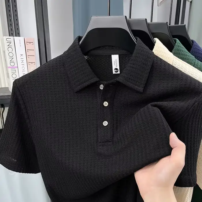 Polo homme à séchage rapide en tissu gaufré nid d'abeille, coupe ajustée, respirant, idéal pour les