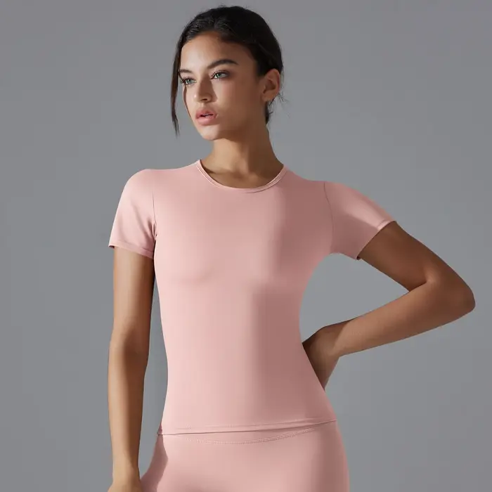 Femmes course sport t-shirt été à manches courtes col rond respirant extensible GYM Yoga mince Fitness haut actif