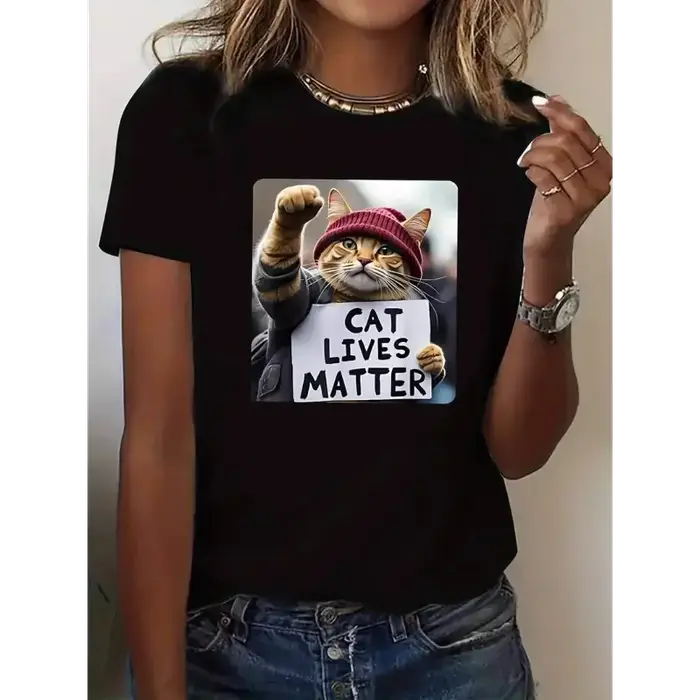 T-shirt à manches courtes en coton 100% pour femme, col rond, imprimé chat, tendance décontractée, h