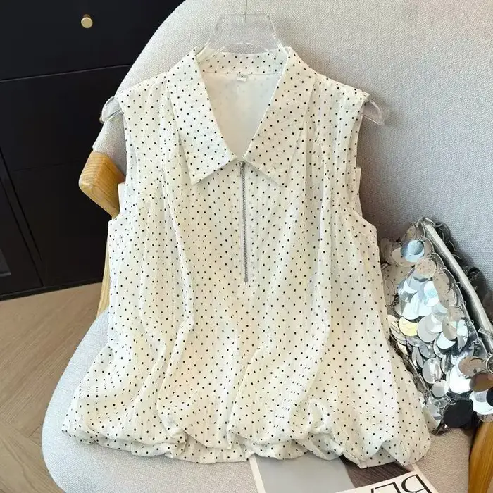 Chemise sans manches à pois 2026, chemise à col polo avec demi-fermeture éclair, haut pour femme