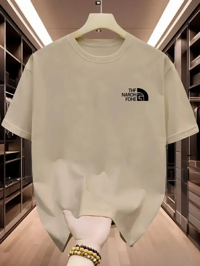 T-shirt beige pour homme avec petit imprimé graphique en forme de demi-lune noire, 100% coton premiu