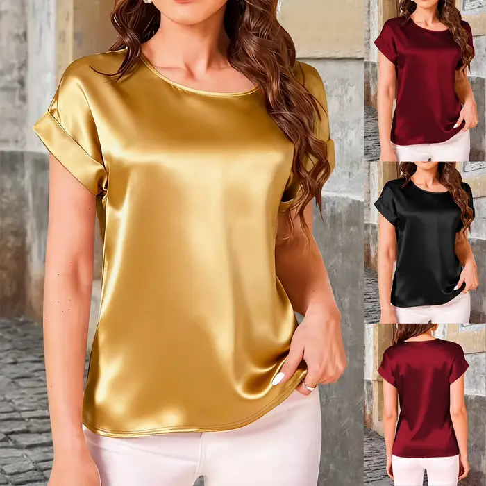 T-shirt élégant à manches chauve-souris en satin massif – Haut ample pour femme