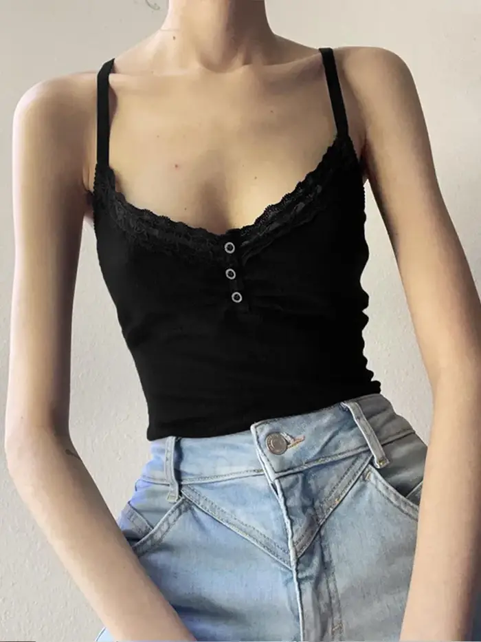 Haut court sans manches avec boutons pliables, Sexy, noir, Vintage, Y2K, Corset, T-shirt basique déc