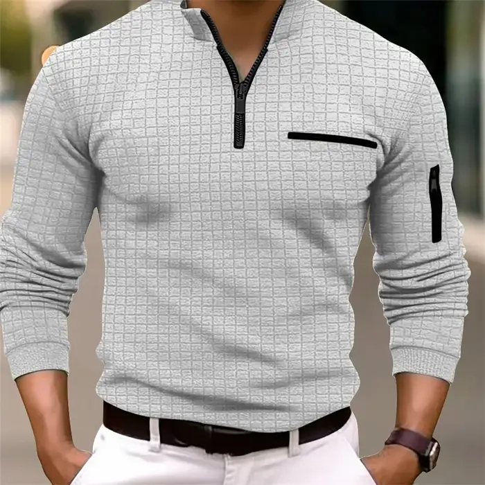 Nouvelle chemise POLO rayée à manches longues pour hommes avec col zippé