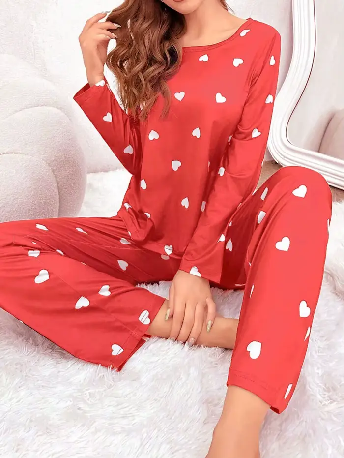 Ensemble de pyjamas College d'amour pour femmes, col rond, manches longues, pantalons longs, vêtemen