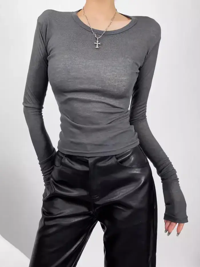 T-shirt semi-transparent ajusté à col rond pour femme, manches longues