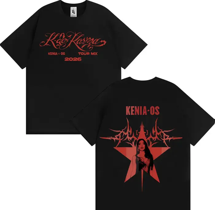 T-shirt imprimé poster de la tournée d'album Kenia Os 2026, style gothique, en coton doux, coupe ove