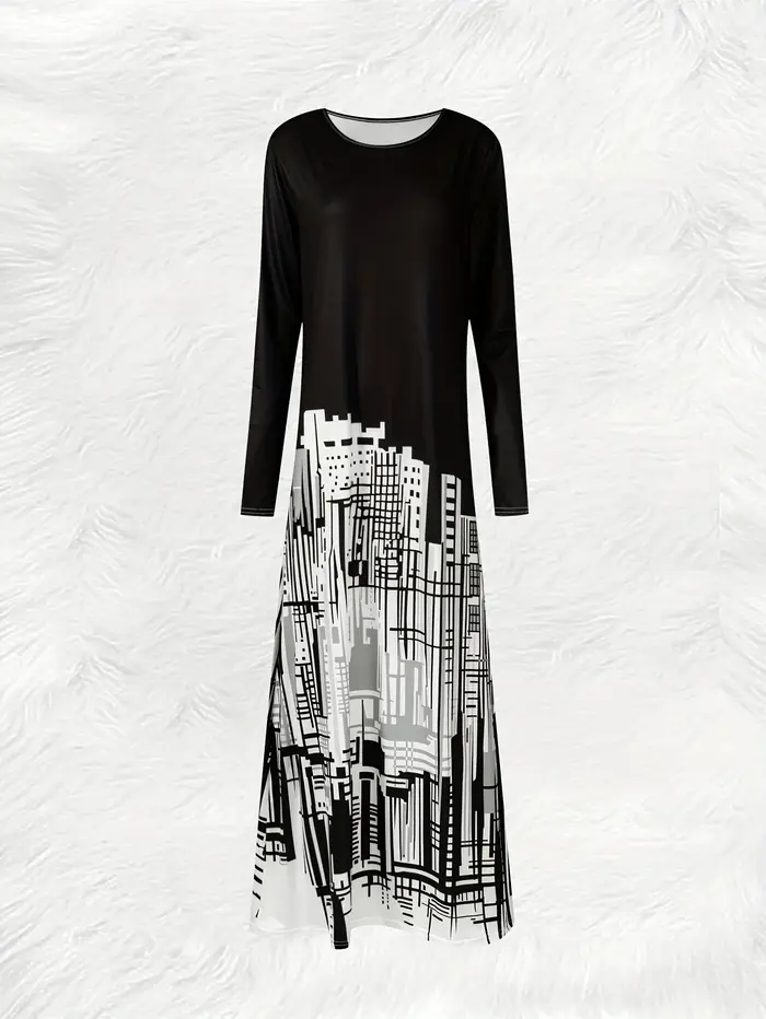 Robe élégante à imprimé abstrait à manches longues pour femme, tenue de vacances printemps-automne, tenue de bureau décontractée, robe mi-longue fluide à coupe trapèze