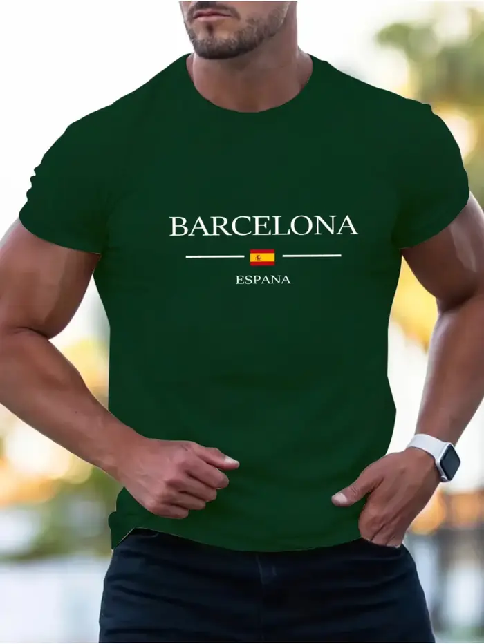 T-shirt imprimé Lettre Barcelone 100% Coton Coupe décontractée d'été Col rond Manches courtes pour Hommes Femmes Enfants